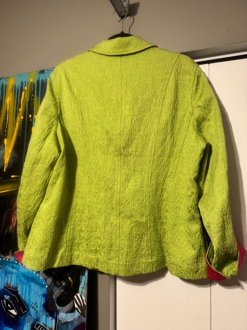 Coldwater Creek 18W Lime Green Jacquard Spring Jacket Pink Trim Preppy - Picture 7 of 9